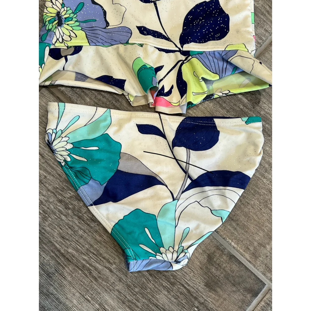 Old Navy Kids Girls Floral Ruffle Bikini Set Size XS 5‎ Blue Green Pink Sparkle
